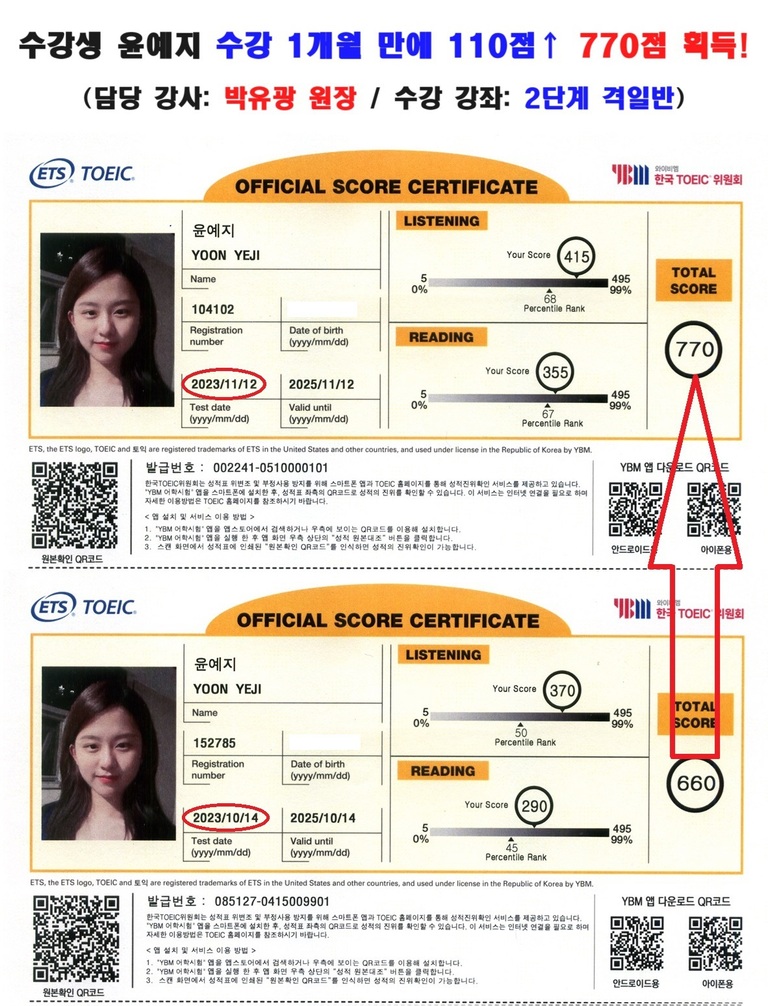 수강생 윤예지 토익 성적표 (1st)